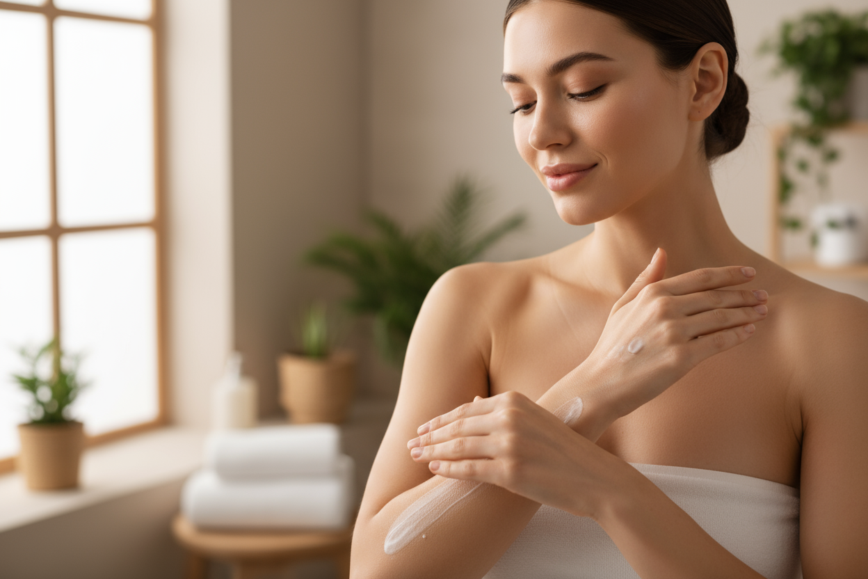 a woman applying lotion on her moisturized skin