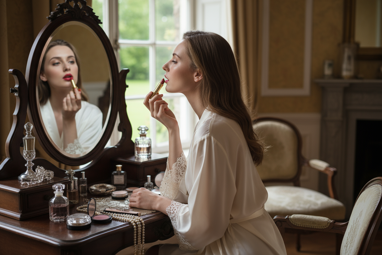 an elegant young woman applying lipstick in front of a mirror